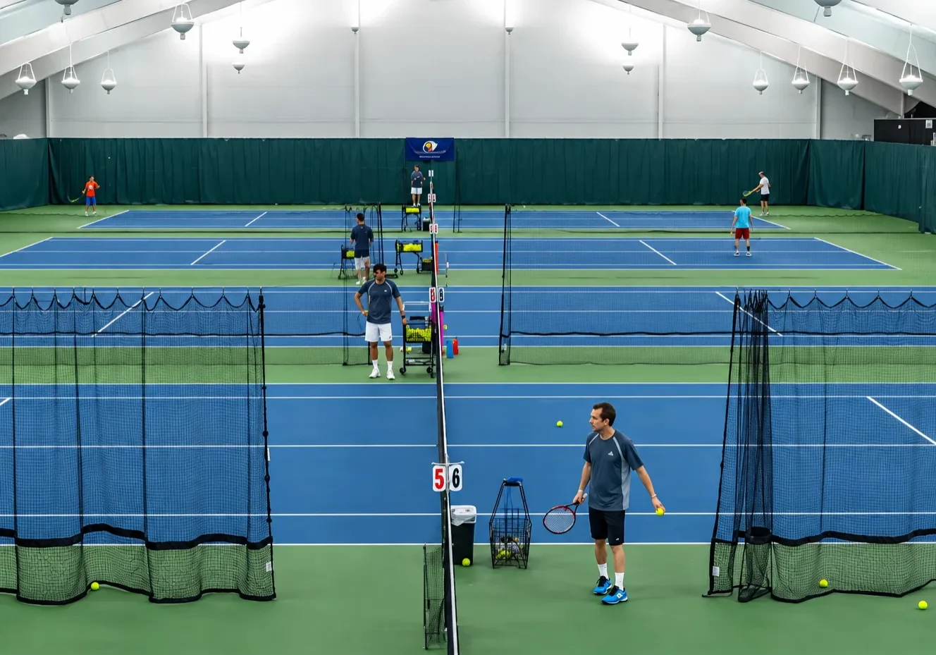 Group of people playing tennis on a court with a net, surrounded by a wall with lights at the top